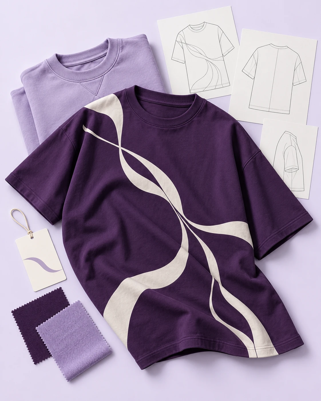Illustrative plum and lavender apparel design concept with garment sketches and fabric swatches